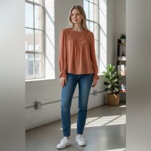 Lace Yoke Long Sleeve Lightweight Blouse NEW- Sienna - Blu Pepper